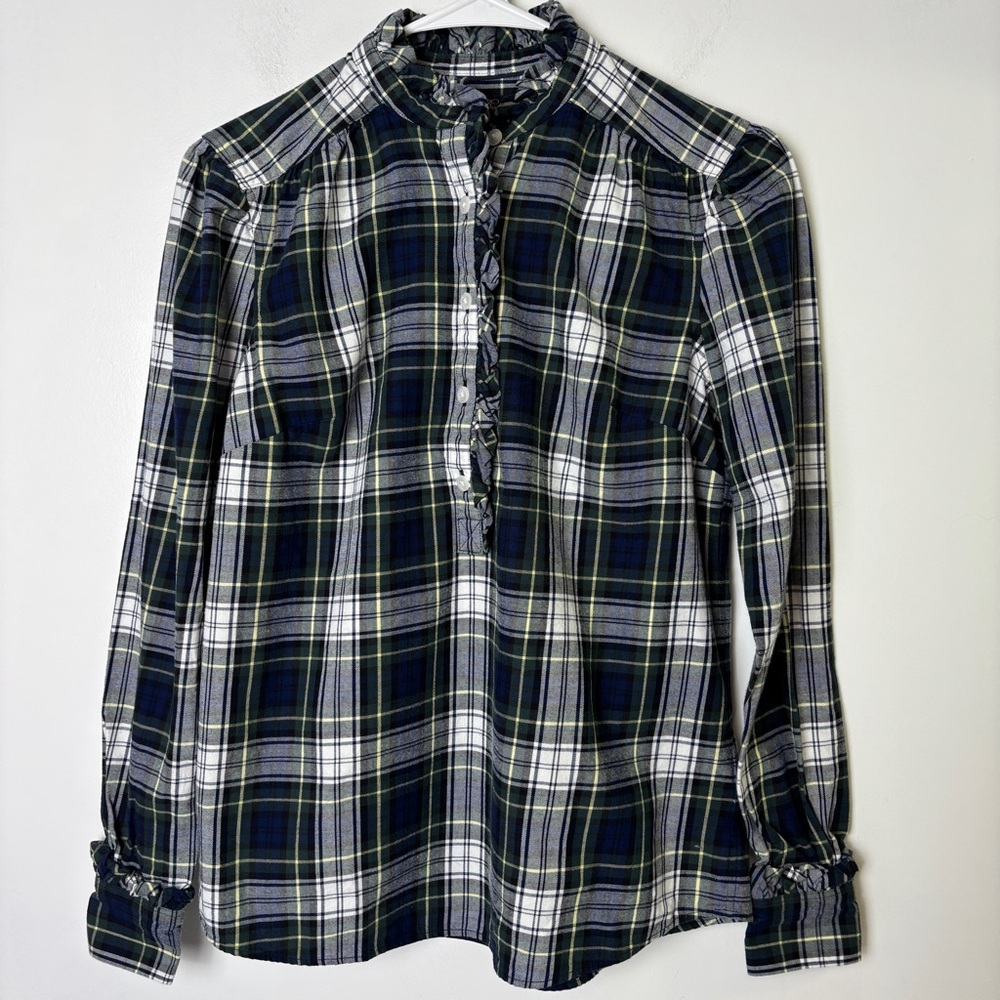 Brooks Brothers Navy and Green Plaid Half Button Down Cotton Shirt